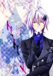  amnesia_(idea_factory) blue_eyes card formal gloves green_eyes ikki_(amnesia) male necktie playing_card shizuku_(kuruizakura) solo spade suit white_hair zoom_layer 