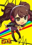  :d bad_id bent_over brown_eyes brown_hair character_name chibi headphones idol kujikawa_rise legs long_hair long_twintails looking_at_viewer open_mouth persona persona_4 persona_4:_the_ultimate_in_mayonaka_arena rainbow school_uniform serafuku shoes simple_background skirt smile solo thigh-highs thighhighs title_drop twintails yamizawa yellow_background zettai_ryouiki 