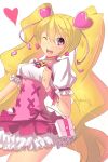  ;d bad_id blonde_hair corset cure_peach dress fresh_precure! hair_ornament heart long_hair magister_(bigbakunyuu) momozono_love open_mouth pink_eyes precure smile solo twintails very_long_hair watermark web_address white_background wink wrist_cuffs 