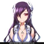  3: blush breasts bust busts cleavage collarbone hair_over_one_eye jewelry long_hair looking_at_viewer necklace portrait power_dolls purple_hair red_eyes solo white_background zenn 