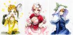  blue_eyes breasts cleavage copyright_request flower hat ikuhana_niiro multiple_girls personification red_eyes yellow_eyes 