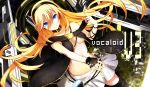  bare_shoulders black_gloves blonde_hair blue_eyes breasts character_name fingerless_gloves gloves headphones lily_(vocaloid) long_hair looking_at_viewer midriff navel ribbon skirt smile solo vocaloid yuuki_kira 