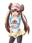  blue_eyes blush brown_hair cowboy_shot double_bun female female_protagonist_(pokemon_bw2) hat legwear_under_shorts long_hair mei_(pokemon) pantyhose pokemon pokemon_(game) pokemon_bw2 raglan_sleeves shorts simple_background solo tenjou_ryuka twintails very_long_hair visor white_background 