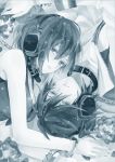  1girl akiyoshi_(tama-pete) bad_id blue collar cuffs handcuffs headphones kaito looking_at_viewer looking_up meiko monochrome open_mouth short_hair vocaloid 