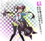  1girl absurdres bass_guitar bespectacled blue_eyes brown_hair checkered checkered_background double_bun electric_guitar female_protagonist_(pokemon_bw2) glasses guitar highres instrument jinteitei kyouhei_(pokemon) male_protagonist_(pokemon_bw2) mei_(pokemon) pantyhose pokemon pokemon_(game) pokemon_bw2 raglan_sleeves shorts translated twintails visor_cap 
