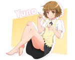  :q apron asumi_kana bare_legs barefoot brown_eyes brown_hair character_name feet food hair_ornament hairclip hidamari_sketch holding ice_cream outline seiyuu_connection short_hair simple_background smile spoon toe-point tongue tongue_out white_background wittyz working!! yellow_background yuno 