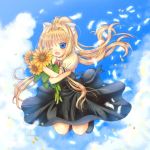  blonde_hair blue_eyes flower hinokami_sakura kamio_misuzu long_hair ponytail school_uniform sunflower wink 