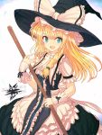  apron blonde_hair blue_eyes bow braid broom character_name curiosities_of_lotus_asia dress frills gloves hat hat_bow kirisame_marisa open_mouth short_sleeves single_braid solo touhou witch witch_hat wrist_cuffs yodori 