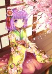 cherry_blossoms flower gradient_eyes hair_ornament hieda_no_akyuu japanese_clothes multicolored_eyes purple_eyes purple_hair short_hair sitting smile solo touhou violet_eyes wataame27 wide_sleeves yellow_eyes 