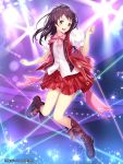  :d black_hair boots bow brown_eyes ilog jumping katajima_miu mana_kakkowarai official_art open_mouth original plaid plaid_skirt skirt smile solo sparkle star watermark web_address 