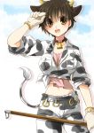  animal_ears bell bell_collar breasts brown_eyes brown_hair collar collarbone cow_bell cow_ears cow_horns cow_print cow_tail gloves highres horns idolmaster idolmaster_cinderella_girls nakamiya navel oikawa_shizuku open_mouth short_hair sky sleeves_rolled_up solo tail tied_shirt white_gloves 