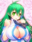  asamura_hiori breasts bust center_opening cleavage detached_sleeves fang green_eyes green_hair highres huge_breasts kochiya_sanae large_breasts necktie open_mouth smile snake solo touhou 