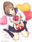  brown_eyes brown_hair hair_ribbon heart holding_gift ilog mana_kakkowarai nakagawa_miru no_shoes official_art original ribbon school_uniform sitting skirt smile socks solo wariza watermark web_address 