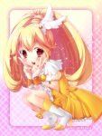  blonde_hair blush boots cure_peace double_v dress hair_ornament ichimatsu_nana kise_yayoi long_hair magical_girl open_mouth ponytail precure smile smile_precure! solo squatting v wrist_cuffs yellow_dress yellow_eyes 