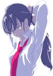  black_hair bust closed_eyes copyright_request eyes_closed long_hair necktie pomodorosa ponytail popped_collar risa_hibiki simple_background sketch solo tying_hair 