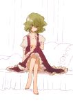  barefoot bed breasts cleavage crossed_legs dress dress_shirt green_hair kazami_yuuka no_bra non_(z-art) on_bed open_clothes open_shirt plaid plaid_skirt red_eyes seductive_smile shirt short_hair sitting skirt smile solo touhou vest 