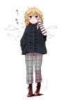  blonde_hair boots bow braid coat contemporary hair_bow hand_in_pocket hand_on_own_face kirisame_marisa long_sleeves looking_at_viewer no_hat no_headwear pants plaid purple_eyes ryuhey simple_background single_braid solo standing sweatdrop touhou violet_eyes white_background 
