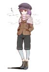  bangs beret blunt_bangs buttons coat cold contemporary hands_in_pockets hat leggings long_shorts patchouli_knowledge purple_eyes purple_hair ryuhey scarf shoes shorts simple_background solo standing striped striped_legwear touhou violet_eyes white_background winter_clothes 