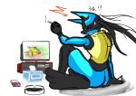  !? absurdres ashtray censored cigarette coo2 highres identity_censor lucario no_humans pokemon red_eyes solo tissue_box watching_television 