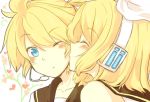  1girl bare_shoulders blonde_hair blue_eyes blush brother_and_sister closed_eyes eyes_closed flower headset heart kagamine_len kagamine_rin kiss lowres siblings tubomizaki twins vocaloid wink 