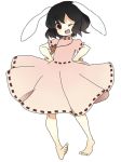  animal_ears barefoot black_hair bunny_ears carrot dress hands_on_hips head_tilt inaba_tewi jewelry looking_at_viewer necklace open_mouth pink_usagi rabbit_ears red_eyes short_hair short_sleeves simple_background solo touhou white_background wink 