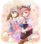  atelier_(series) atelier_rorona atelier_totori blue_eyes boots brown_hair grey_eyes hat long_hair multiple_girls orange_hair rororina_fryxell ryokka short_hair sitting skirt smile star starry_background totooria_helmold 