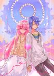  1girl alice_sora angel_beats! blue_hair closed_eyes couple eyes_closed hand_holding head_wreath heart hinata_(angel_beats!) holding_hands jewelry long_hair musical_note necklace pink_eyes pink_hair yui_(angel_beats!) 