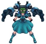  blue_eyes blue_hair boots clenched_hands fingerless_gloves gloves goggles goggles_on_hat hat kawashiro_nitori key looking_at_viewer machine mechanical_arm short_hair simple_background skirt smile solo terajin touhou twintails white_background 