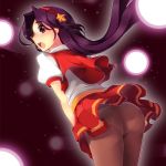  1girl ass athen athena bent_over king_of_fighters king_of_fighters_97 koflif long_hair looking_back open_mouth panties panties_under_pantyhose pantyhose purple_eyes purple_hair skirt skirt_lift snk solo underwear 