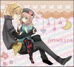  1girl amnesia_(idea_factory) blonde_hair braid brown_eyes brown_hair couple flower green_eyes hat heroine_(amnesia) jacket pants pantyhose pink_rose plaid plaid_legwear rose short_hair skirt teruha3 teruha_(sacred_aria) title_drop toma_(amnesia) 