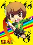  :d bad_id bangs bare_legs bike_shorts brown_eyes brown_hair buttons character_name chibi fighting_stance fire kicking legs looking_at_viewer open_mouth persona persona_4 persona_4:_the_ultimate_in_mayonaka_arena persona_4_the_ultimate_in_mayonaka_arena rainbow satonaka_chie shoes short_hair simple_background skirt smile smiley_face socks solo title_drop tomboy track_jacket yamizawa yellow_background 
