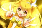  blonde_hair bowtie brooch choker cure_peace double_v hair_ornament hairpin jewelry kise_yayoi long_hair magical_girl precure smile_precure! solo v yellow yellow_background yellow_eyes yuki_(siroikona) 