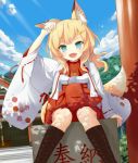  :d animal_ears bell blonde_hair blue_eyes blue_sky boots box cloud clouds cross-laced_footwear donation_box fangs fox_ears fox_tail hair_ornament hairclip hand_on_ear japanese_clothes knee_boots lace-up_boots long_hair long_sleeves miko msa open_mouth original shrine sitting sky smile solo tail tree wide_sleeves 