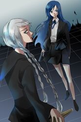  2girls arisato_minato blue_eyes blue_hair crossdressinging evoker genderswap grey_eyes grey_hair gun jacket legs long_hair long_twintails narukami_yuu necktie penta persona persona_3 persona_4 polearm ribbon school_uniform serafuku shoes silver_eyes silver_hair skirt sukeban trap twintails weapon wig 