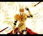  alternate_hairstyle armor blonde_hair character_name earrings fate/zero fate_(series) gate_of_babylon gilgamesh hair_down highres jewelry male red_eyes solo title_drop tomose0224 