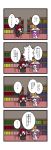  4koma bat_wings black_wings book bookshelf chibi comic crescent dora_e hat head_wings highres koakuma library multiple_girls necktie patchouli_knowledge purple_hair red_hair redhead shelf sitting table touhou translated translation_request voile wings 
