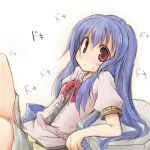  blue_hair hinanawi_tenshi leaning long_hair looking_at_viewer lowres no_hat no_headwear red_eyes solo touhou translation_request yuuhi_aruha 