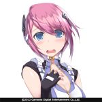  blue_eyes blush breasts bust cleavage embarrassed face fingerless_gloves gloves hair_ornament looking_at_viewer open_mouth pink_hair power_dolls short_hair solo white_background zenn 
