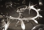  adapted_costume arm_cannon armor battle female firing greyscale headband joakim_sandberg long_hair metroid monochrome nintendo ponytail samurai_armor samus_aran solo weapon 