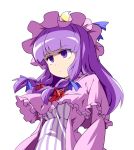  bow bust capelet crescent dress expressionless flat_gaze hair_bow hasepix hat hat_bow long_hair mutsu_(hasepix) patchouli_knowledge payot purple_eyes purple_hair simple_background solo touhou violet_eyes white_background 