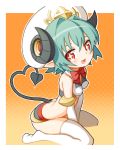  1girl arcana_trust character_request demon_tail fang gradient gradient_background green_hair halftone halftone_background hat heart heart_tail horns jitsudan looking_at_viewer midriff open_mouth pointy_ears red_eyes shinrabanshou short_hair sitting smile solo tail thigh-highs thighhighs wariza white_legwear 