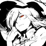  brooch chain chains chin_rest face greyscale hair_over_one_eye hand_on_own_face hat high_contrast jewelry looking_at_viewer looking_down monochrome portrait red_eyes remilia_scarlet ryuhey serious solo spot_color touhou 