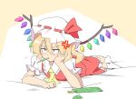  anger_vein annoyed ascot blonde_hair blush constricted_pupils crossed_legs_(lying) flandre_scarlet food_in_mouth hasepix head_rest lying mutsu_(hasepix) no_shoes on_stomach pocky pout red_eyes short_hair side_ponytail skirt skirt_set socks solo touhou white_legwear wings 