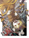  arms_up blonde_hair bow butterfly diohazard hair_bow kurodani_yamame open_mouth pale_skin red_eyes short_hair solo spider_girl spider_legs tongue tongue_out torn_dress touhou upside-down 