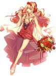 blonde_hair blue_eyes bouquet breasts cleavage dress flower jewelry katsu_ryouji long_hair macross macross_frontier mouth_hold ribbon_in_mouth sheryl_nome single_earring single_thighhigh smile solo thigh-highs thighhighs 