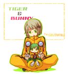  :&gt; blonde_hair character_name chibi chinese_clothes detached_sleeves dragon_kid dual_persona flower green_eyes hair_flower hair_ornament huang_baoling indian_style multiple_girls short_hair shorts sitting superhero suzu_(nattu991) tiger_&amp;_bunny title_drop 