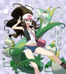  1girl absurdres bag baseball_cap blue_eyes breasts brown_hair denim denim_shorts hat highres jinteitei legs long_hair midriff navel pokemon pokemon_(creature) pokemon_(game) pokemon_bw ponytail serperior servine shorts snivy solo touko_(pokemon) vest 