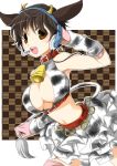  animal_ears bell bell_collar breasts brown_eyes brown_hair collar cow_bell cow_ears cow_horns cow_print gloves headset highres horns idolmaster idolmaster_cinderella_girls nakamiya navel oikawa_shizuku open_mouth short_hair skirt solo tail thigh-highs thighhighs 