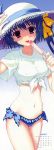  absurdres bikini_bottom blue_hair blush brown_eyes calendar copyright_request erect_nipples frills front-tie_top hat highres long_hair long_image midriff nanao_naru navel popsicle short_hair side_ponytail solo stick_poster tall_image taut_shirt tied_shirt tongue 