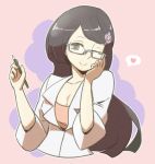  ;) black_eyes black_hair bust flower glasses hair_ornament hairclip heart labcoat long_hair makomo_(pokemon) pencil pokemon pokemon_(game) pokemon_black_and_white pokemon_bw purple_hair semi-rimless_glasses simple_background sleeves_rolled_up smile solo under-rim_glasses wink 